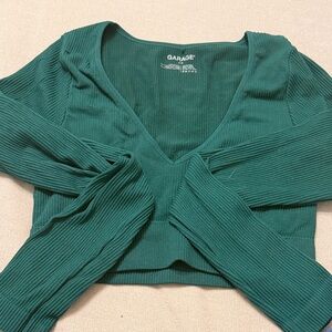Garage Teal Ribbed V-Neck Top